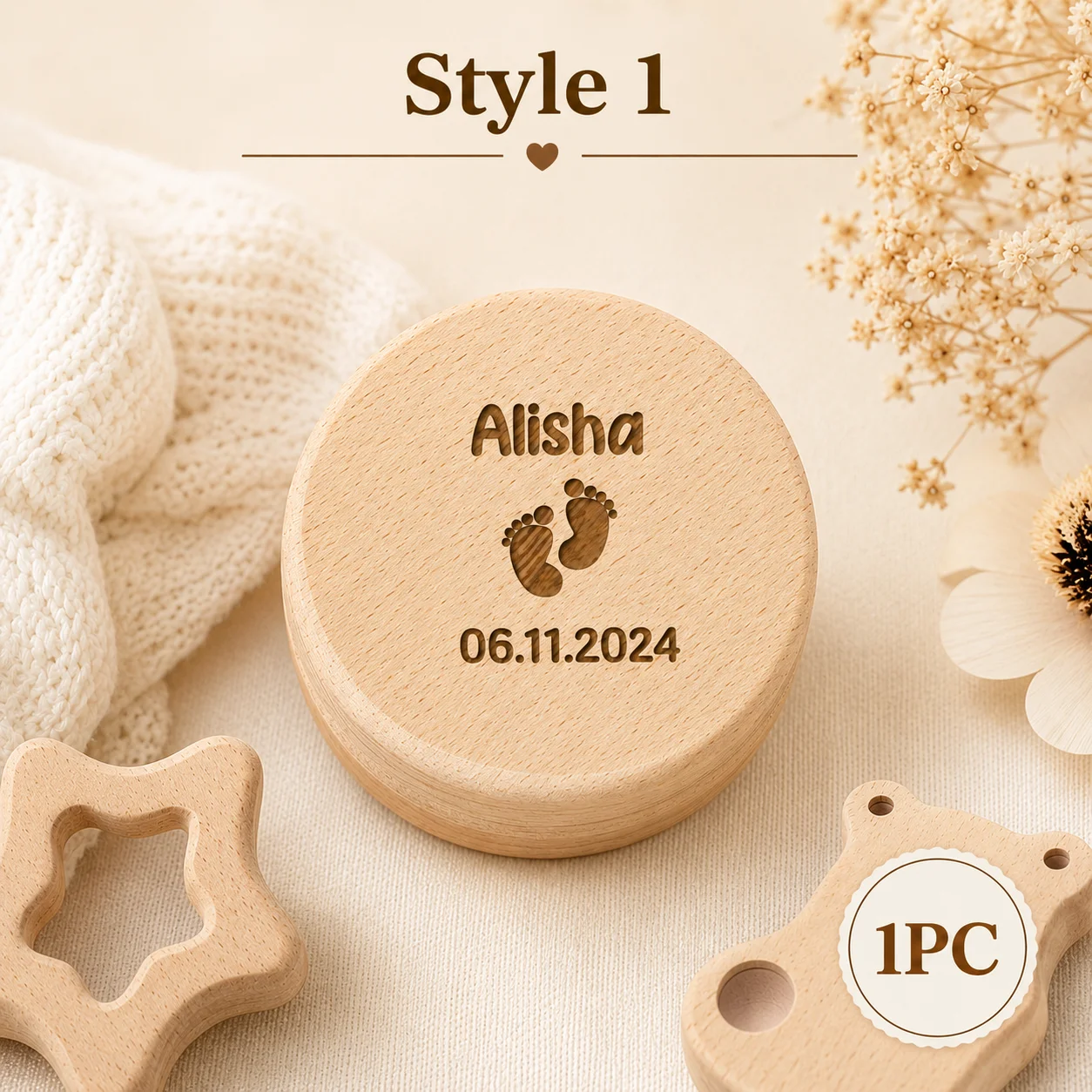 A custom wooden keepsake box with cute footprints, baptism gift, can personalize with name + date, tooth box, for keeping teeth,