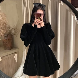 MEXZT Vintage Black Velvet Mini Dress Women Party Square Collar Dresses Ladies Korean Elegant Puff Long Sleeve Bodycon Vestidos