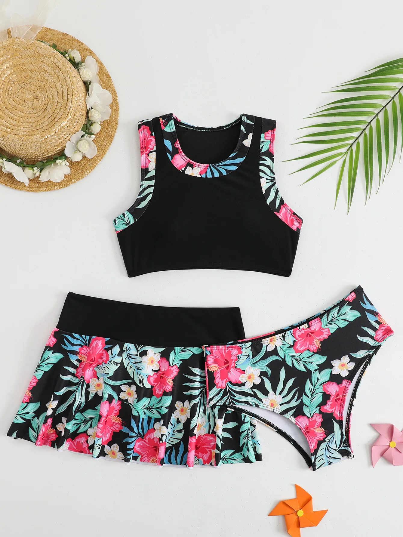 Girls 3pack Floral Print Sports High Waist Bikini Kids Swimsuit Ruffle 7-12 Years Children's Swimwear 2025 Teens Bathing Suit