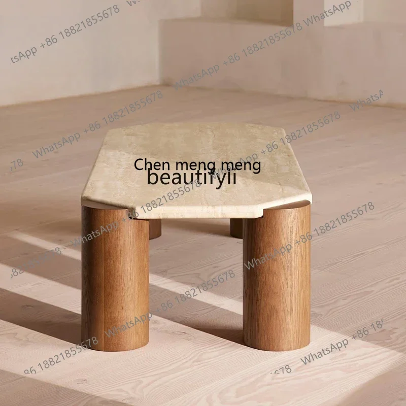 CC Travertine coffee table marble medieval retro oak solid wood stone, side table storage wabi sabi special shape