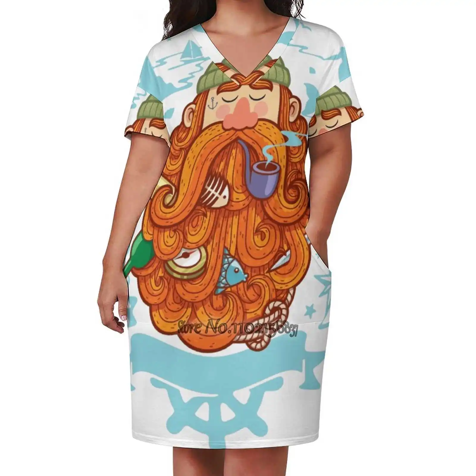 Sailor Loose V-Neck Skirt Sexy Short Sleeve Skirt Loose A-Line Dress Light And Breathable Dress Sailor Beard Man Seaman Captain