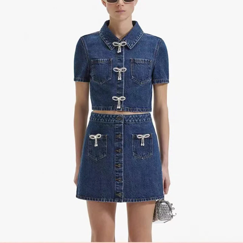 Bow Tie Embellished Women\'s Denim Suit, Crystal Drill Button Short Sleeve Top, Cotton Half-body Skirt, 2024, Summer, New Y2K