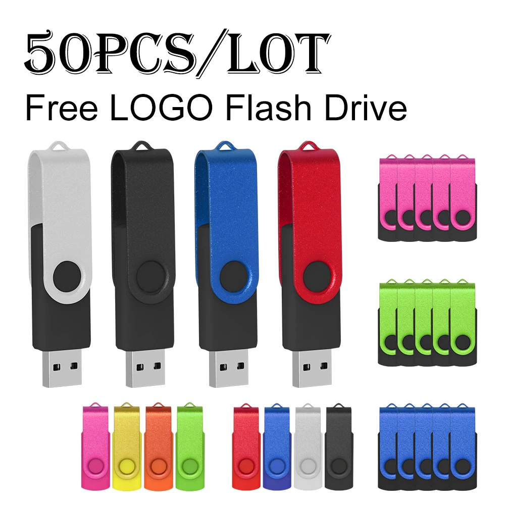 50PCS/Lot Rotatable Metal USB Flash Drive 128GB Pen Drive 64GB Free Custom Logo Memory Stick 32GB U Disk 16GB 4GB Creative Gift