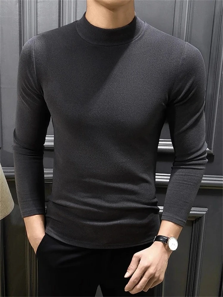 

Утепленная двусторонняя бархатная футболка с высоким воротником и длинным рукавом для мужчин, теплая базовая одежда для осени и зимы, модная футболка-лонгслив.