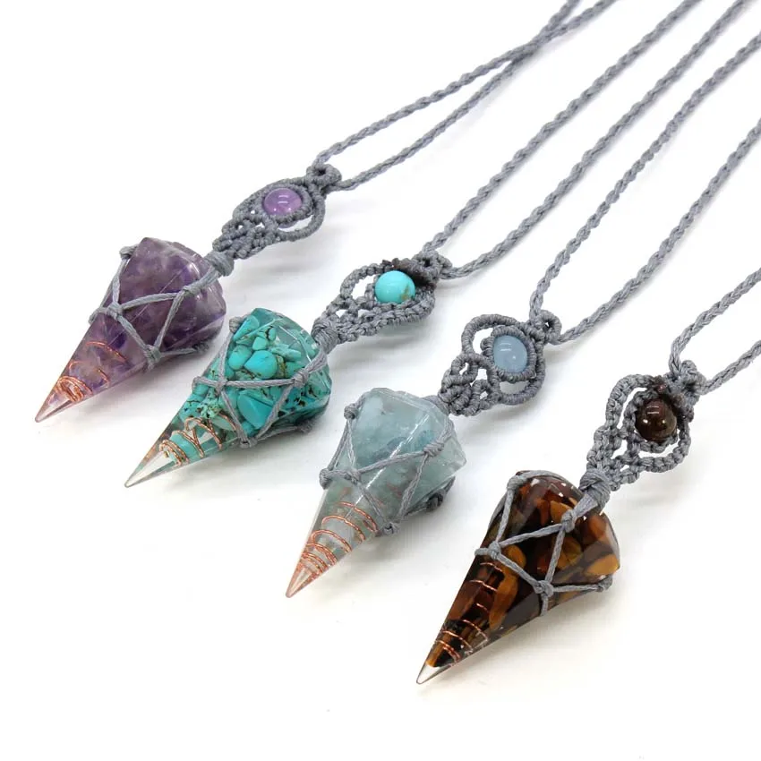 Natural Crystal Chip Stone Braided Macrame Resin Pendant Necklace For Women Handmade Thread Wrapped Weave Chain Necklace Jewelry