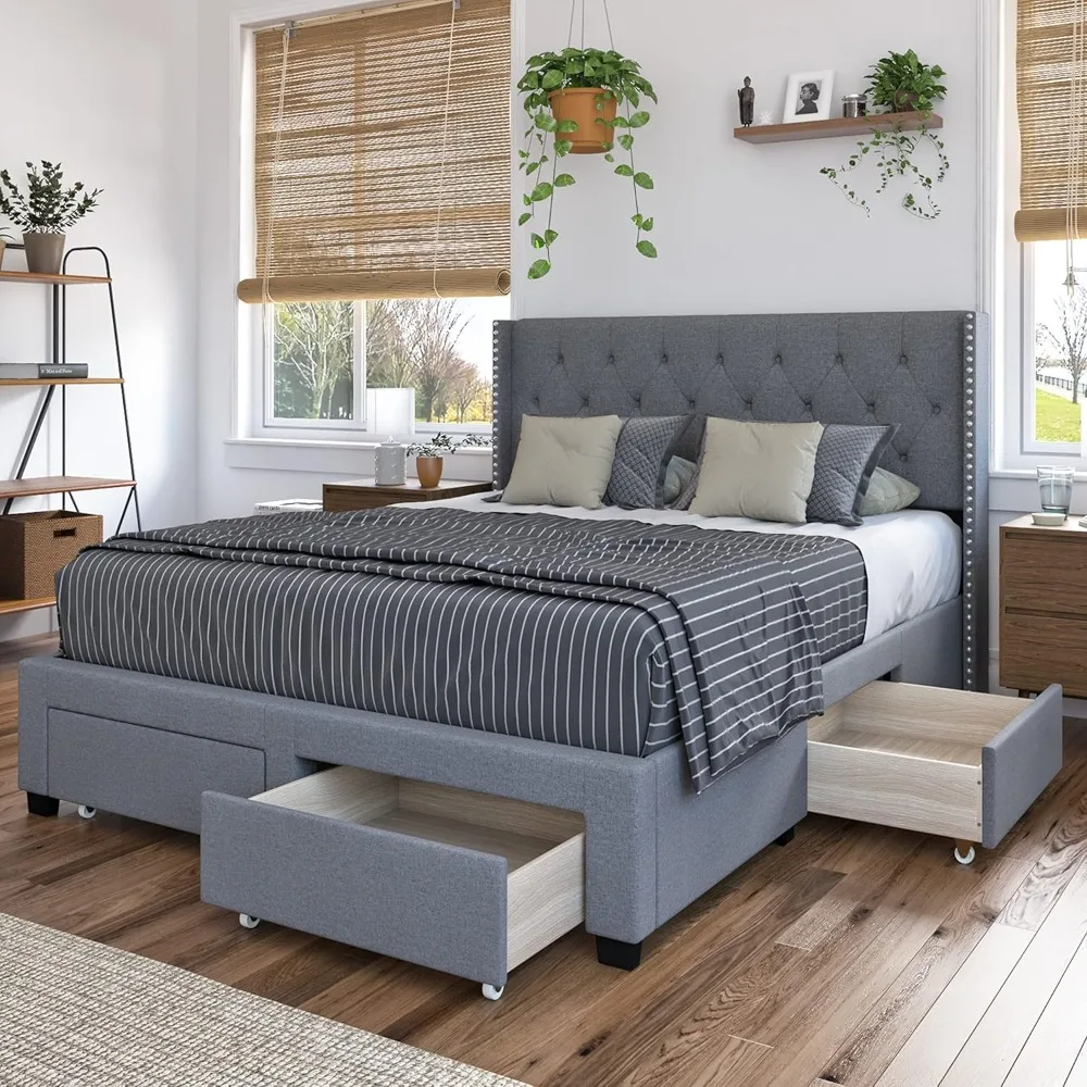 Bardy Upholstered Panel Bed Frame - Platform Bed with Headboard - Diamond Button Tufted Nailhead Trim