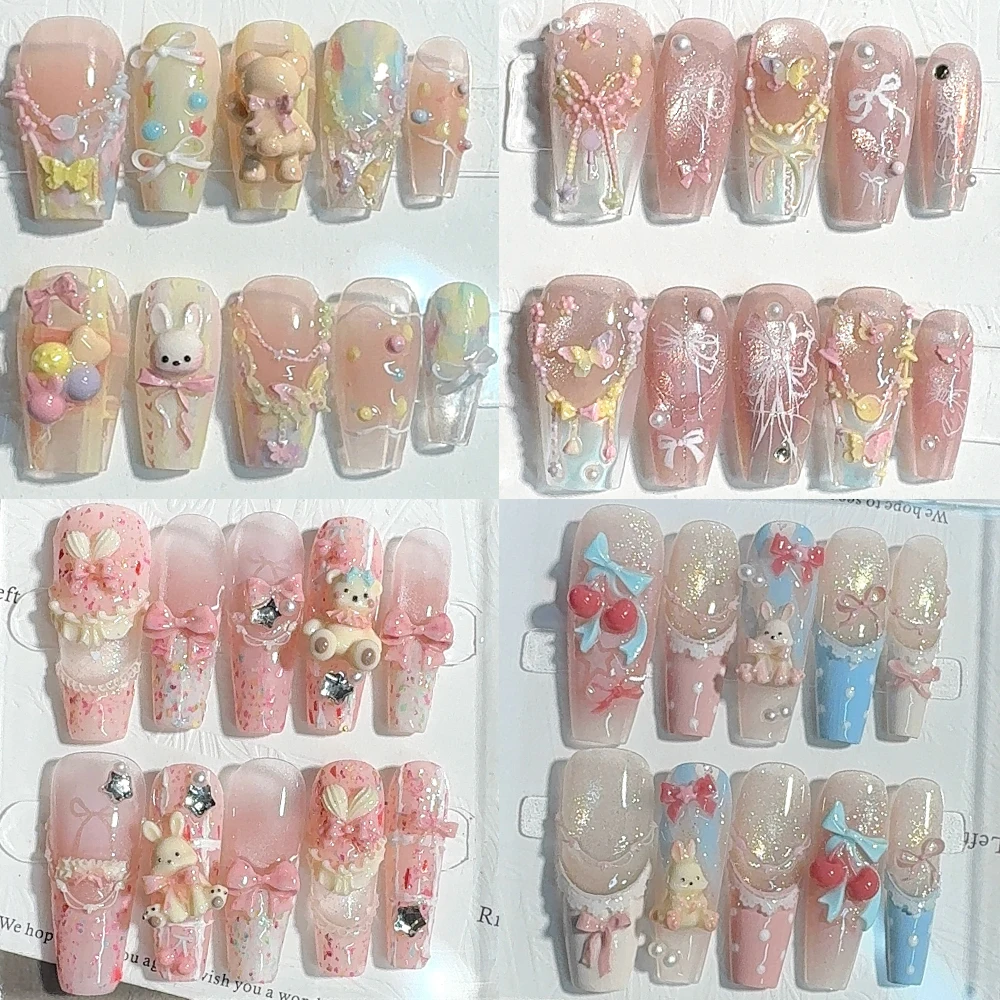 

Sweet Lovely Square Ellipse Handmade Press On Fake Nails Cartoon Rabbit Bear Bowknot Pearl Butterfly Flowers Removable Fake Nail