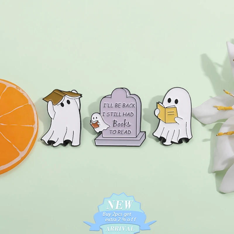 I Still Had Books To Read Boo Enamel Pin Reading Time Ghost Grave Brooches Lapel Badges Halloween Jewelry Gift For Kids Friends