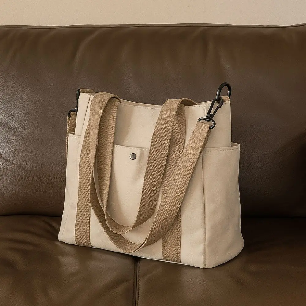 Casual Solid Color Multi Pocket Tote Bag Large Capacity Lightweight Nylon Crossbody Bag Simple Canvas Tote Bag Commuting