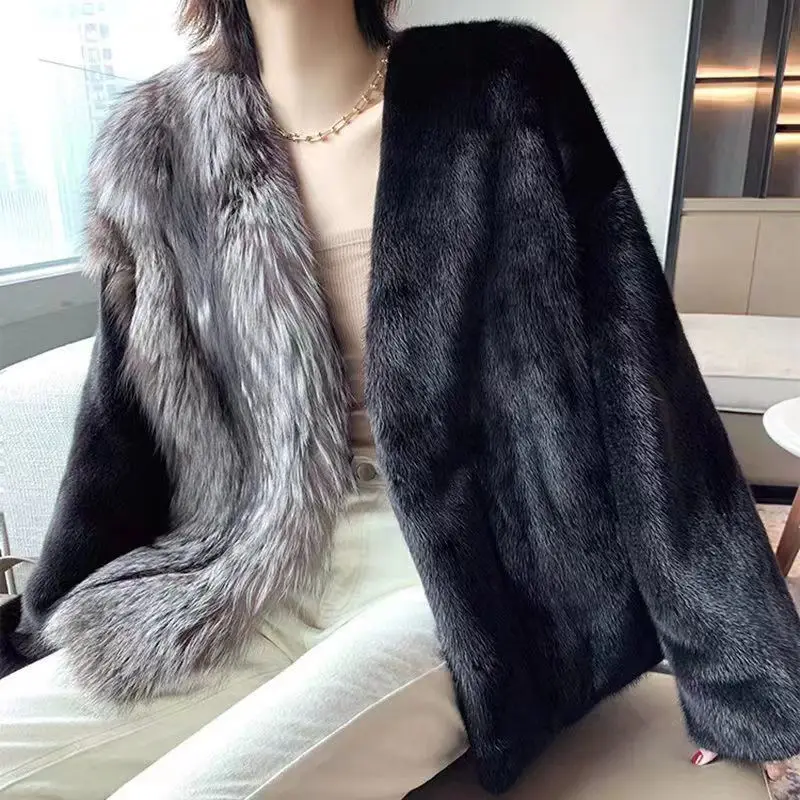 Women's Silver Faux Fox Fur Coat Autumn Winter Lady Gray and Black Contrast Color Mink Bomber Jacket Short Fluffy Cardigan Tops