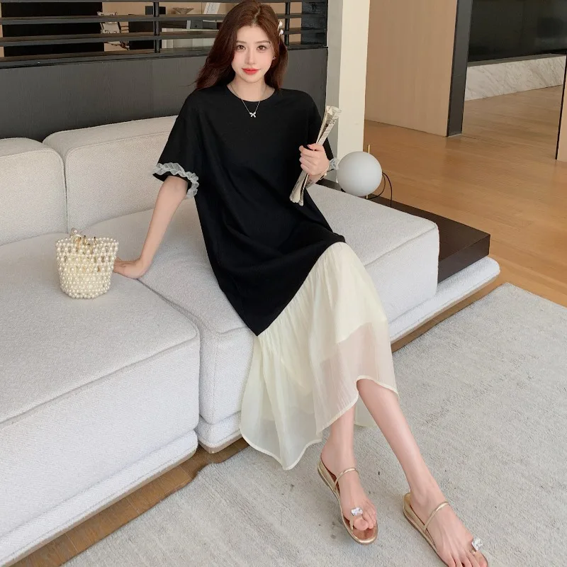 夏の新しい女性の裏地ドレス黒レース半袖 Tシャツドレススプライシングマキシフィッシュテールドレス女性服