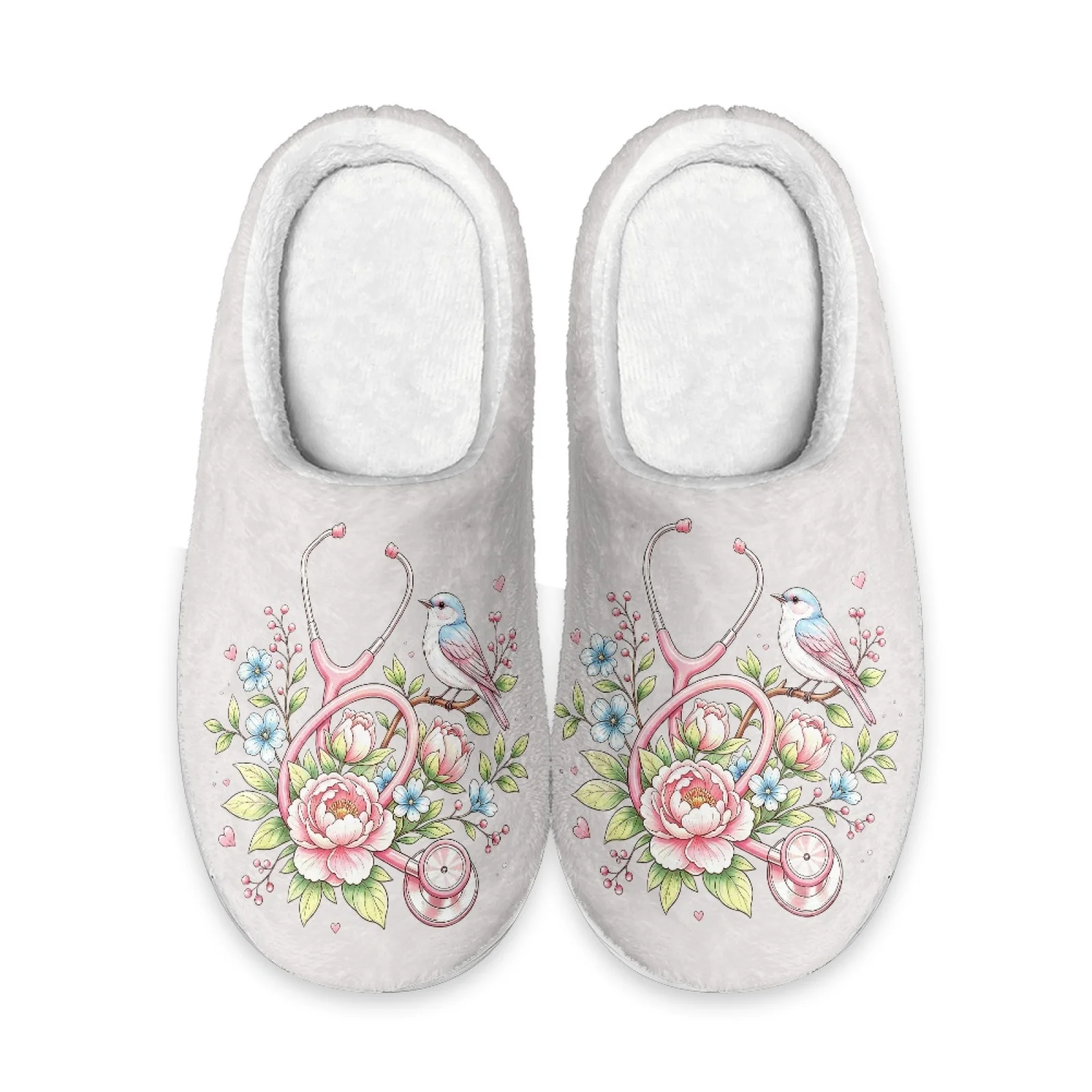 PENSTROLL Floral Stethoscope Bird Non Slip Memory Foam Indoor House Shoes Extra Warm Thermal Slippers For Winter Warm Shoes