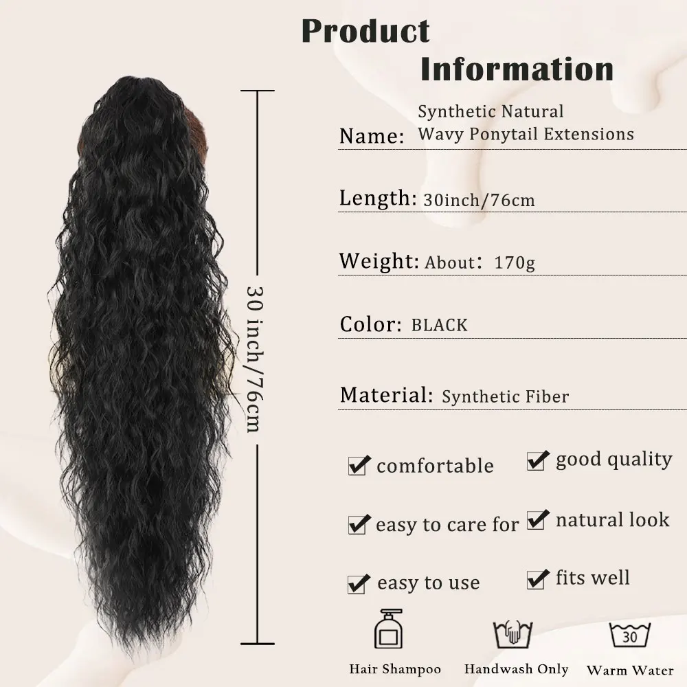 30 Inch Long Ponytail Synthetic Curly Wavy Claw Clip on Fake Pony Tail Hair Piece Natural Fluffy  Horse Tail for Women Daily Use