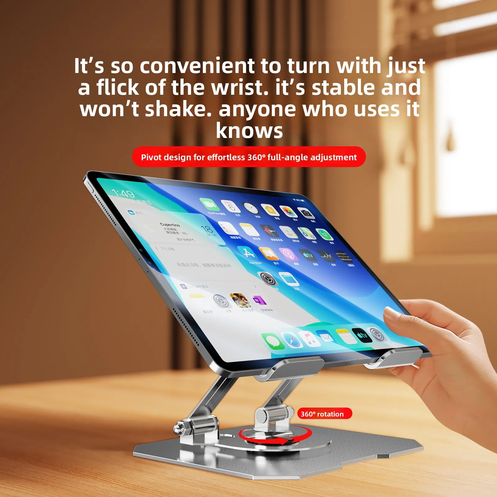 All-metal flat folding desktop stand with 360° rotation for stable phone viewing and multi-functional computer mount