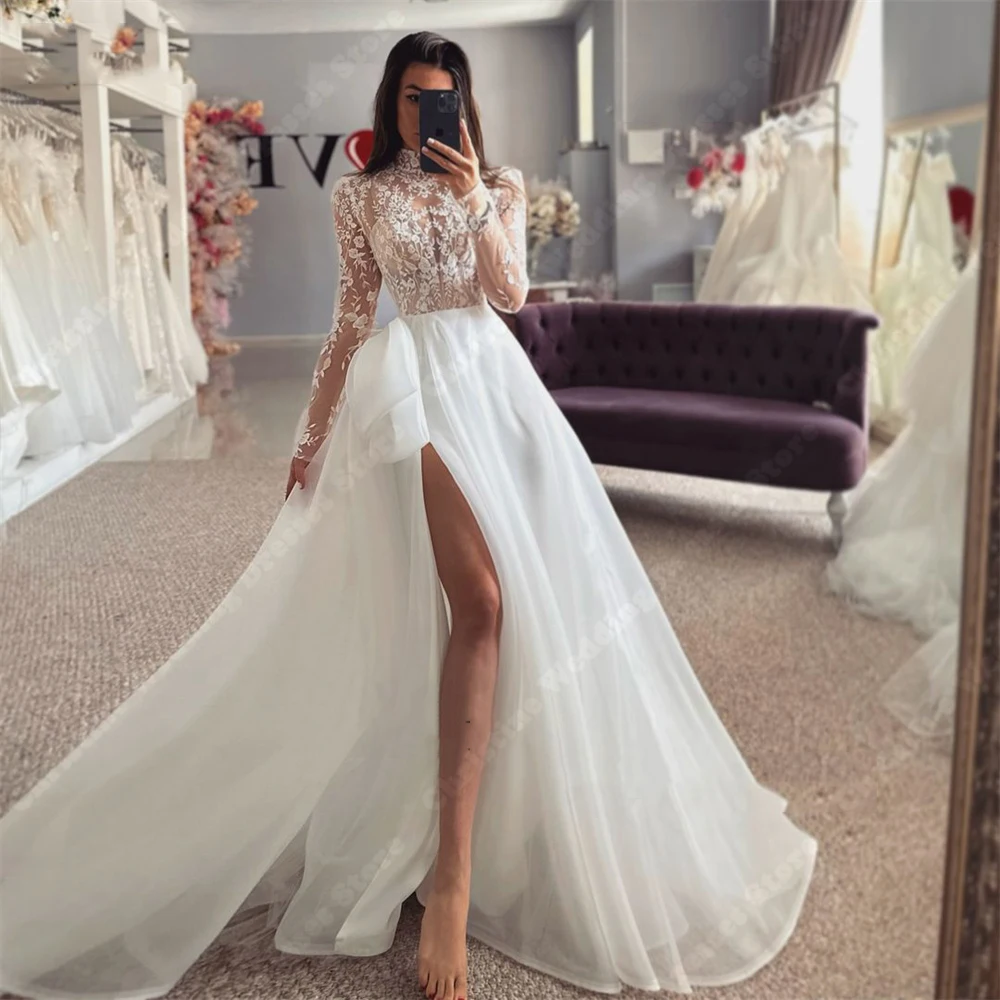 Sexy Ivory Women Bridal Gowns A-Line Long Sleeves Lace Applique Wedding Dresses Newest Formal High-Neck Beach Party Robes 2024