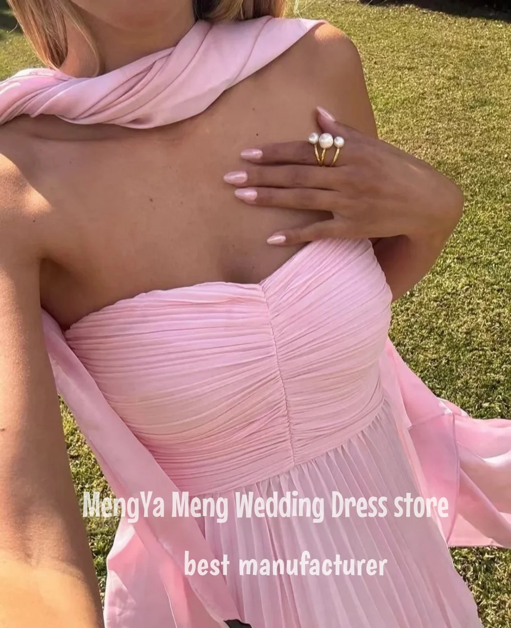 ZHUISHU Gaun Malam Merah Muda Elegan dengan Syal Gaun Koktail Tanpa Tali Panjang Selantai Terbungkus Berjenjang Gaun Pesta Pernikahan Disesuaikan