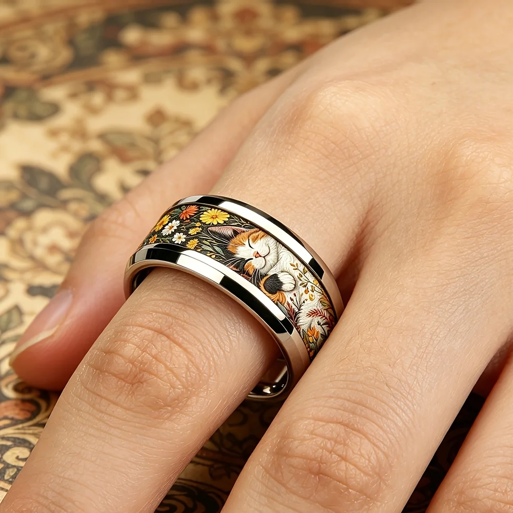 Niedlicher schlafender Calico-Katze & Wildgänseblümchen-Blumen-Intarsienring Elegante Edelstahlringe für Frauen Männer Hochzeit Party Schmuck Geschenk – Detail 6
