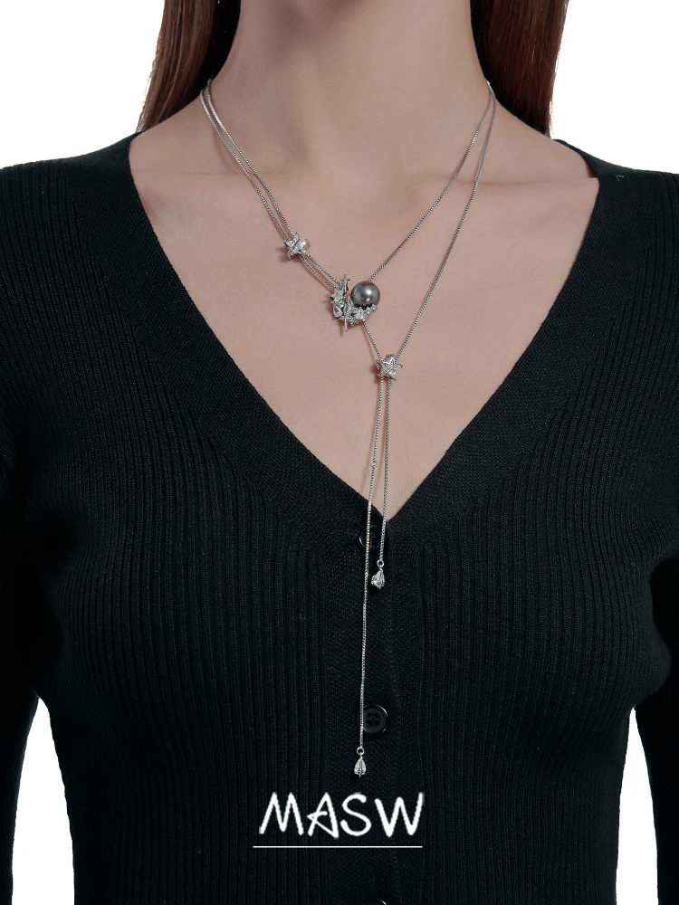 MASW Original Design Elegant Temperament Simulated Glass Pearl Chain Necklace For Women Girl Wedding Gift Fine Jewelry