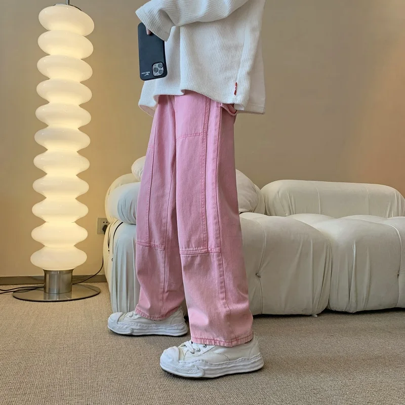 Pink Denim Jeans Men's American Street Style Retro Teen Wide Leg Workwear Draping Long Old Dad Pants Casual Loose Straight Leg