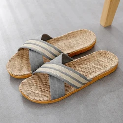 Men Shoes Anti-slip Slippers Linen Home Indoor Open Toe Flat Shoe Beach Slippers Striped Spliced Rubber Sandals Pantoufle Homme