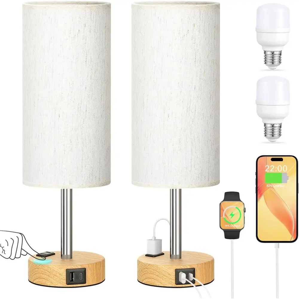 

3-Way Dimmable Bedroom Lamp Set with USB Ports and AC Outlet, Wood Base, Ideal for Small Spaces and Nightstands