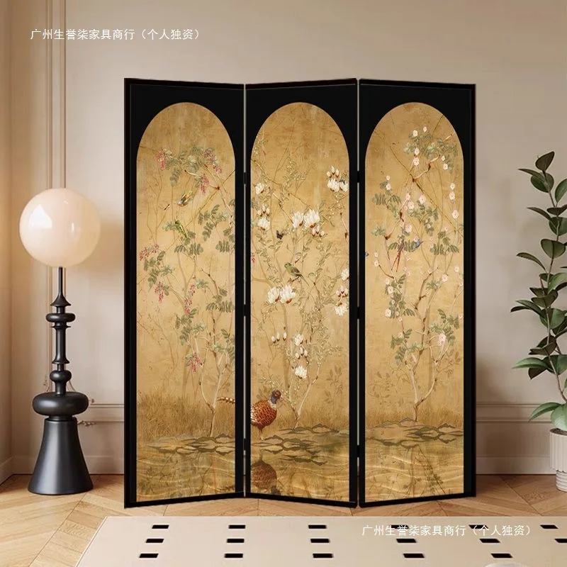 French medieval flower and bird screen partition living room modern simple movable office entrance bedroom cover folding screen