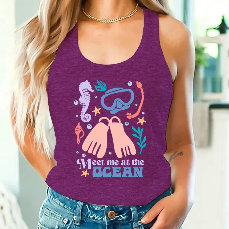 Meet Me At The Ocean Tanks Summer Fashion Women Racerback Tank Top Boho Beach Vacation Traveler Gift Summer Essential Sexy Tops