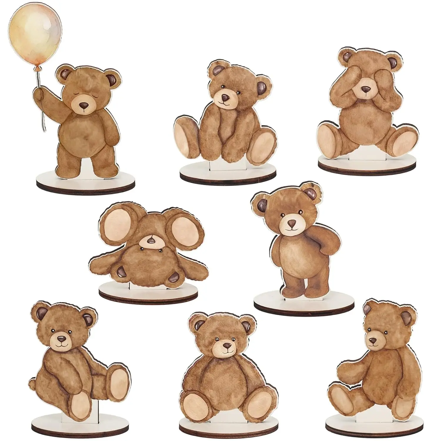8Pcs Brown Bear Wooden Centerpieces Baby Shower Decoration Watercolor Wood Cutouts Nursery Birthday Gender Reveal Supplies