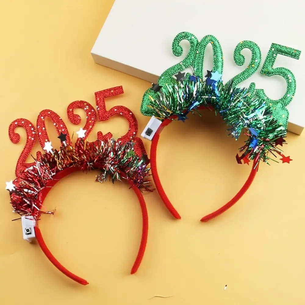 Sequin 2025 Happy New Year Headband Plastic Number Letter LED Glow Christmas Headpiece Photographic Headwear Masquerade Party