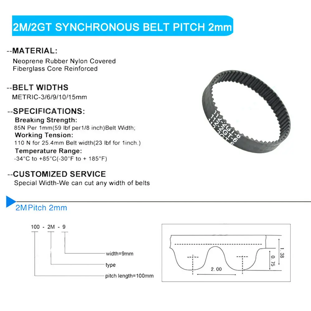 1PCS 2GT - 334 336 340 344 354 356 360 364 370 376 380mm GT2 Timing Belt Width 6/10mm 167 - 190Tooth 2mm For Pulley Tractor