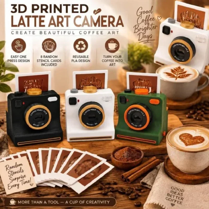 @3D Printed Funny Coffee Latte Camera Replaceable Cards One Touch Press DIY Latte Art Camera Tool Vintage Look Included Stencils
