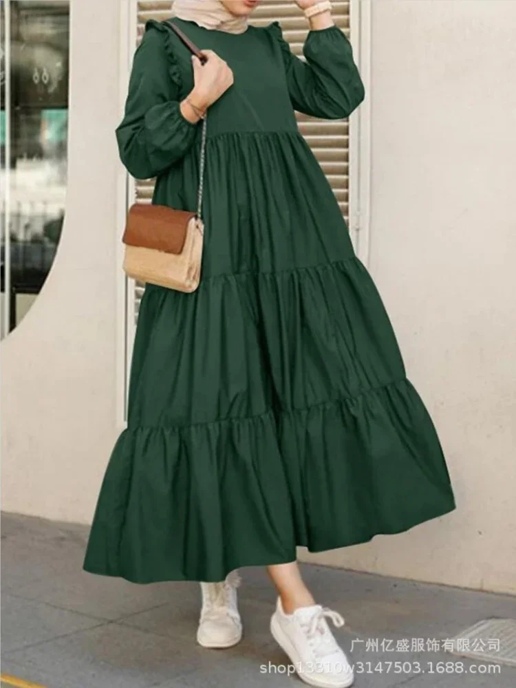 Vintage Ruffles Musulmano Abito da donna Manica lunga Primavera Turchia Marocchino Caftano Casual Abaya Abiti Hijab Vestido Lungo Maxi Abaya