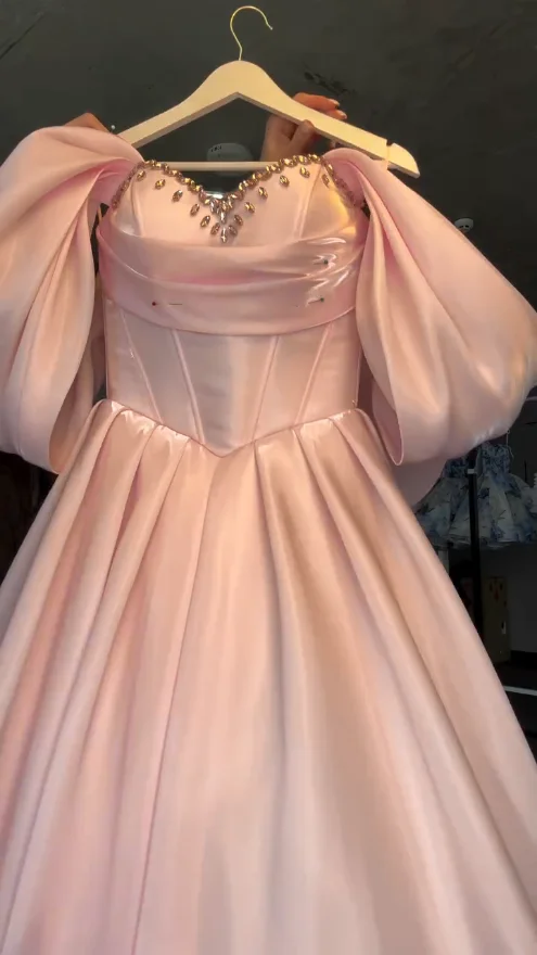 Xijun Modern Pink Long Evening Dresses Sweetheart Off The Shoulder Crystal Prom Dresses A-Line Birthday Party Dresses Customized image 3