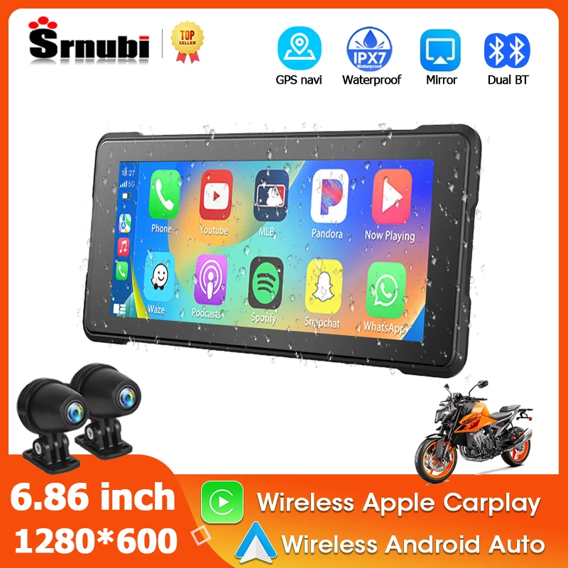 

Видеорегистратор для мотоцикла, 6,86 дюйма, навигация, GPS, беспроводная, Apple Carplay, Android Auto, IPX7, водонепроницаемый, BT, сенсорный экран