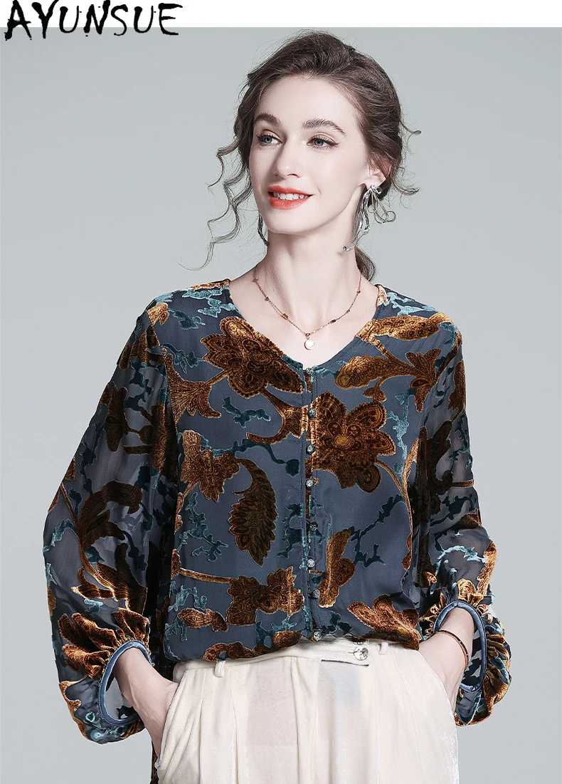 AYUNSUE 47% التوت الحرير 53% قمصان النايلون النساء قمصان أنيقة للمرأة الملابس 2025 الفرنسية ربيع الخريف قميص قميص فام #4