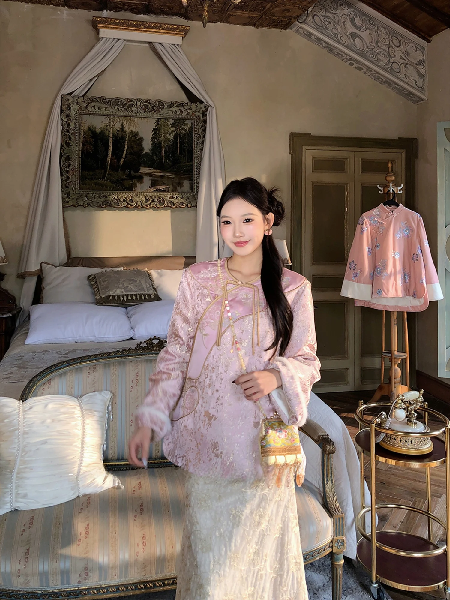 

Original Faionable Du down Jaet Chinese Sle Winter New Arrival Versatile Sli Warmth Long Sve Plant Floral Pattern