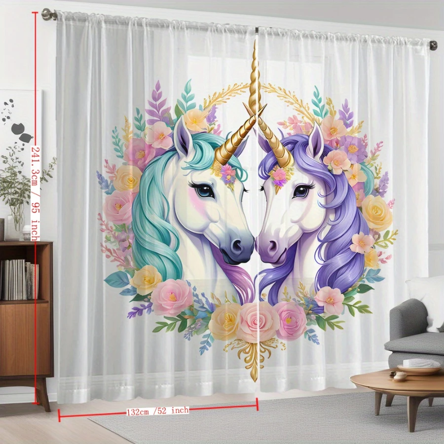 2PCS Digital Print Sheer Curtains, Purple Green Unicorn, Magical Fantasy Kids Mythical for Bedroom Living Room Home Decor