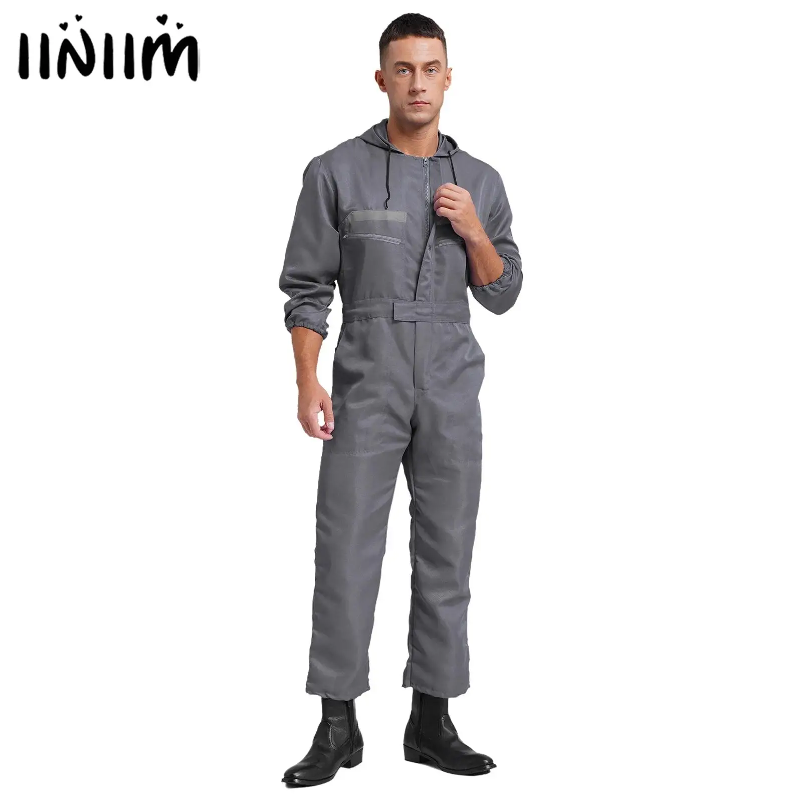 

Mens Reflective Stripes Hooded Coverall Long Sleeve Zipper Jumpsuit Overall Workwear with Pockets for Factory Workshop Garage