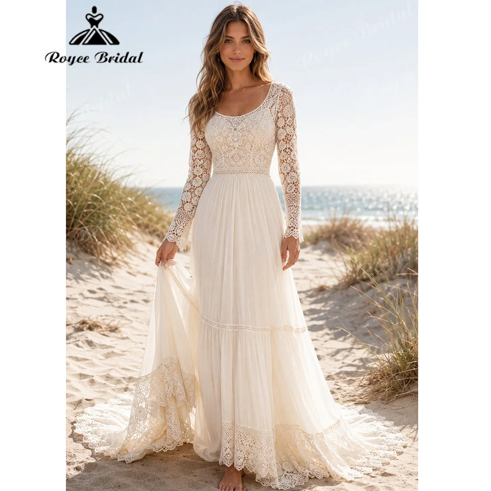 Roycebridal Long Sleeve Crochet Lace Boho Wedding Dress Scoop Back Tiered Chiffon A Line Vestido De Novia For Beach Customized