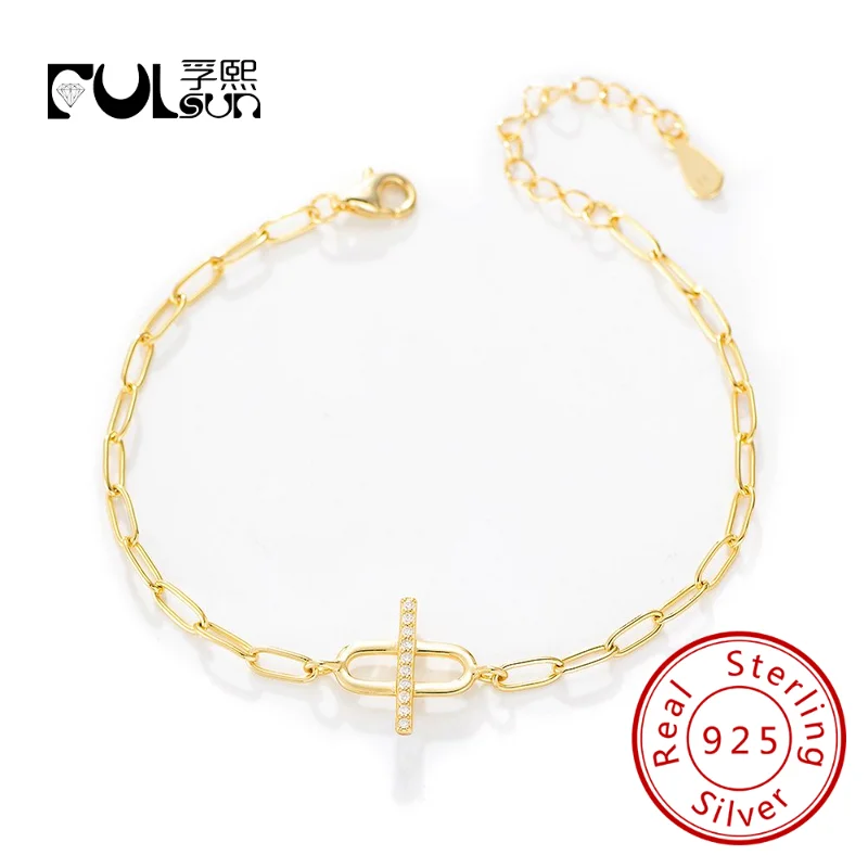 Wholesale 925 Sterling Silver Toggle Clasp bracelet Gold Plated White CZ Geometric Chain Jewelry