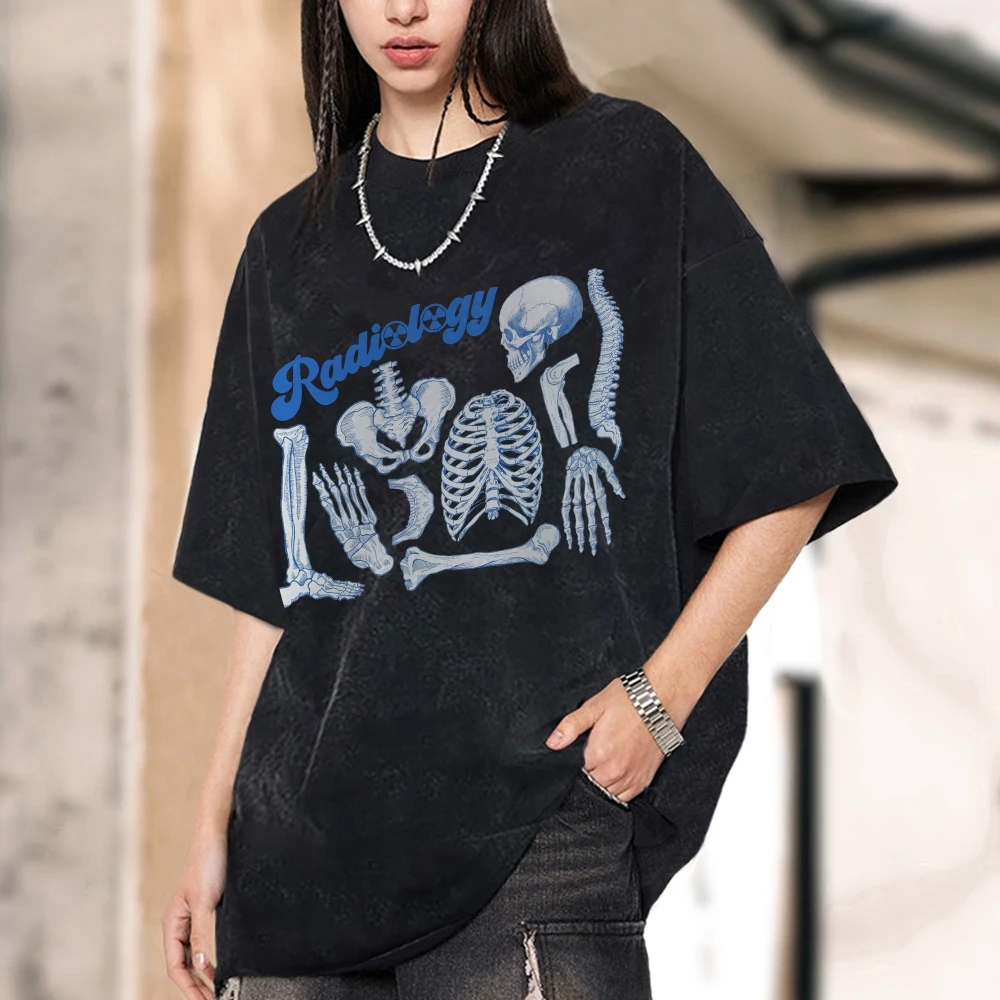 Radiology Skeleton Vintage Unisex Washed T-shirt, Stylish Halloween Skull Shirt