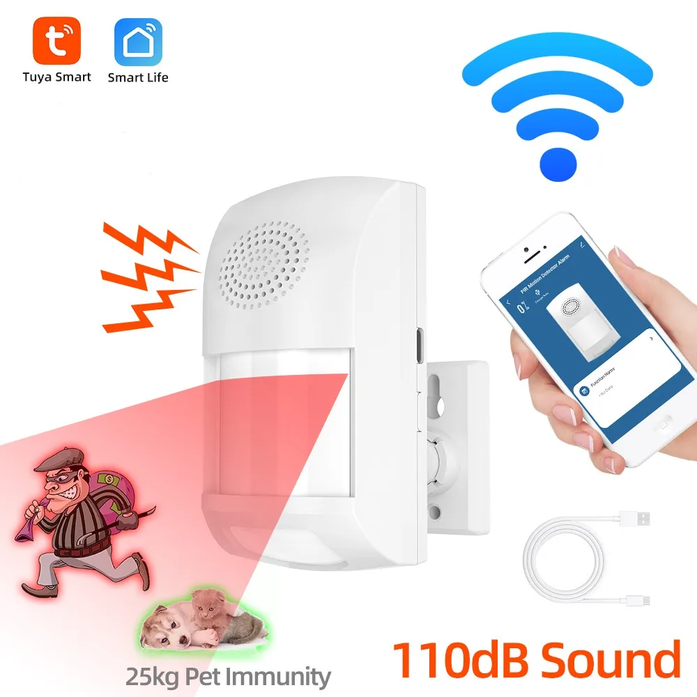Wireless PIR Motion Sensor Alarm: WiFi Motion Detector Alarm with 100dB Siren, TUYA APP Control, Sound & Light Alarm