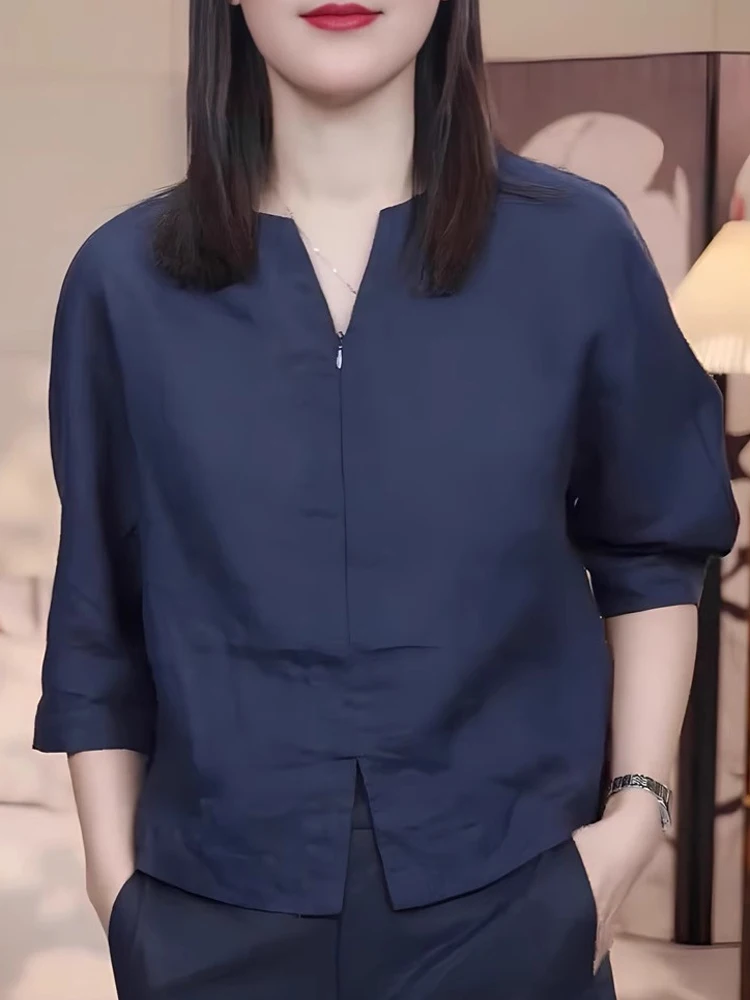 우아한 하프 집업 셔츠 캐주얼 여름 상의 7부 소매 오버헤드 여성 패션 출퇴근 스타일 루즈핏 베이직 센스