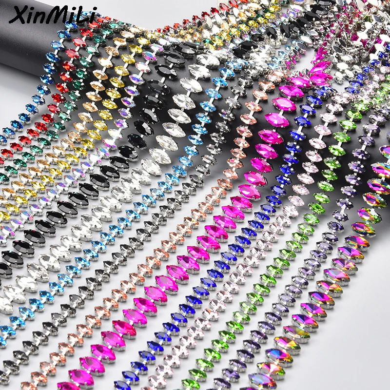 1 Meter Fashion Colorful Horse Eye Glass Rhinestone Metal Trim Marquise Crystal Chain Diy Necklace Clothes Applique Accessories