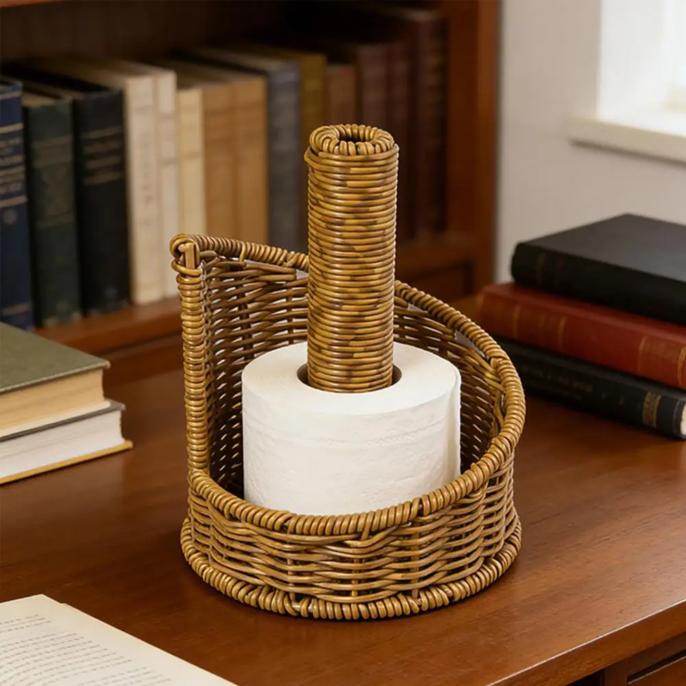 Upright Paper Roll Dispenser Toilet Paper Roll Organizer Imitation Rattan Toilet Paper Holder Round Woven Tissue for Bedside