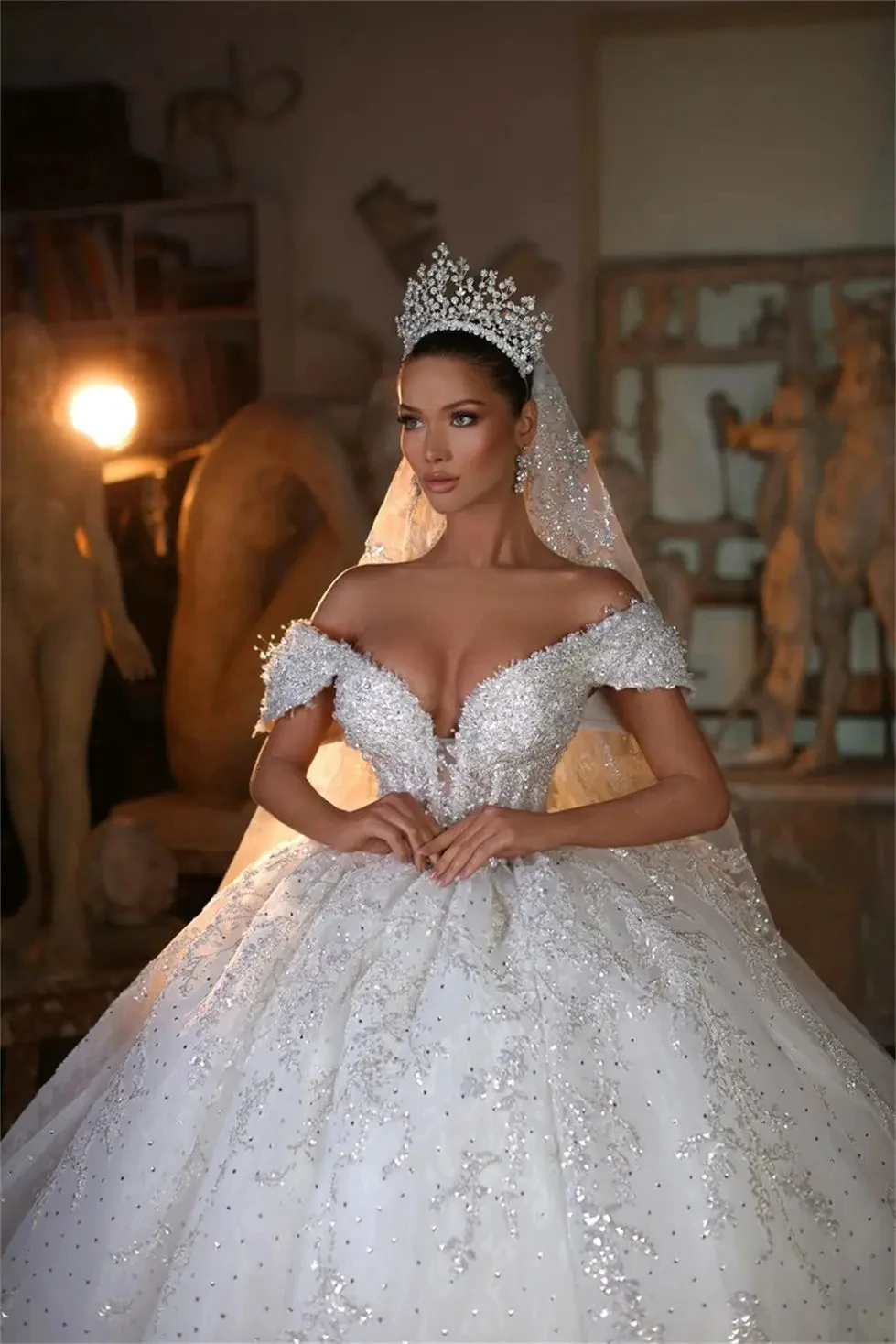 

Customized Off the Shoulder Shinny Beads Sequins Bridal Dress Vestidos De Novia Arabic Off the Shoulder Wedding Gowns