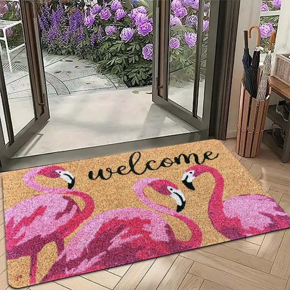 

1pc rubber doormat pink flamingo tropical print absorbent non slip dirt trapper bathroom welcome mat entryway summer beach decor