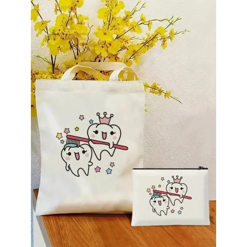 Aesthetic Funny Tooth Dentist Kawaii Tote Bag Set, Fashion Shoulder Bag for Women, Large Capacity Shopping Bag with Coin Purse