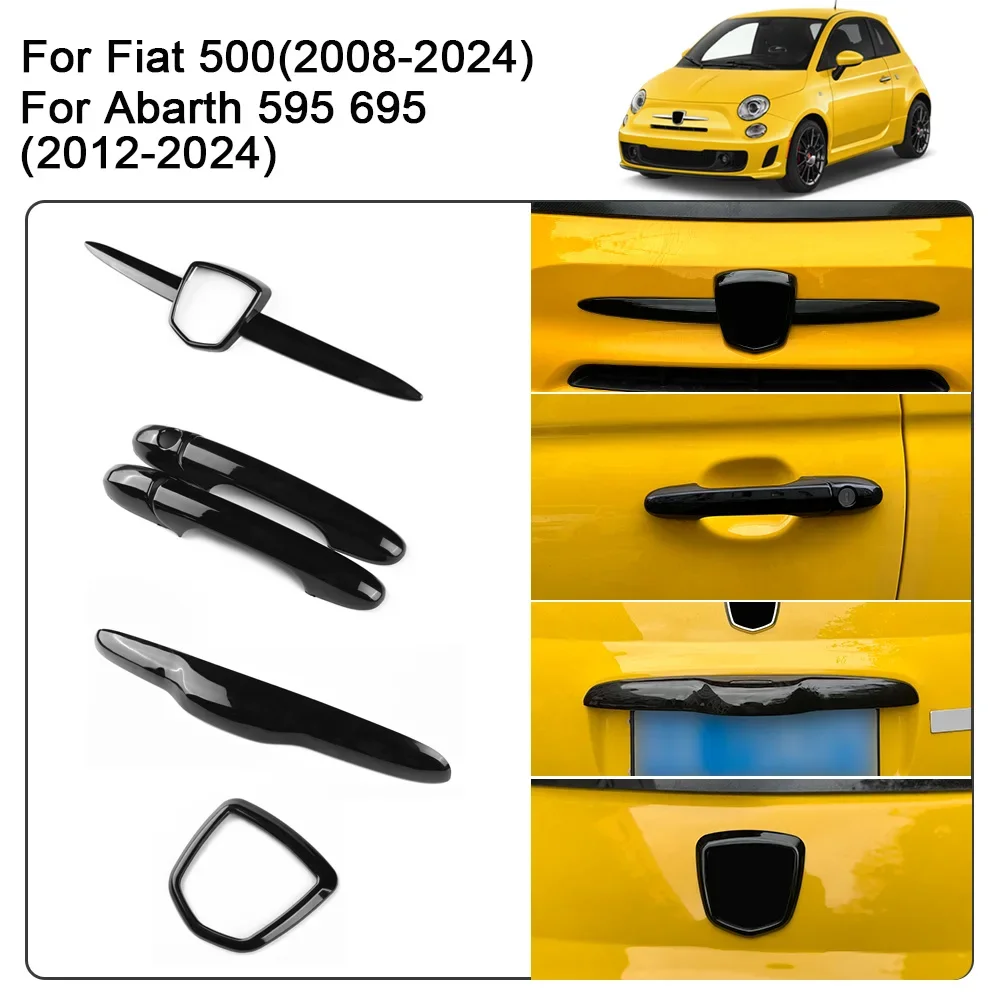 For Fiat 500 Abarth 595 695 2008-2024 ABS Carbon Fiber Style Door Handle and Trunk Button Badge Frame Cover Trim Accessories