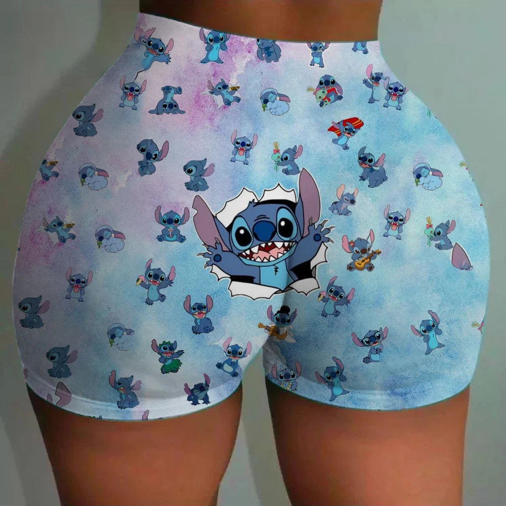 Spodnie do jogi z wysokim stanem dla kobiet, modelujące i podnoszące pośladki, dopasowane, z nadrukiem Disneya Stitch, szorty sportowe.